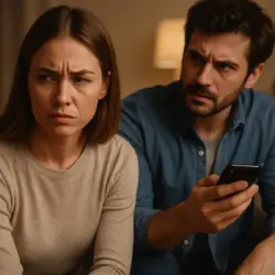 Partner durchsucht nervös das Smartphone, während die andere Person verärgert zuschaut – Symbol für Kontrollsucht.
