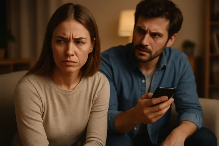 Partner durchsucht nervös das Smartphone, während die andere Person verärgert zuschaut – Symbol für Kontrollsucht.