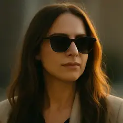 Kundenmeinung einer Frau mit Sonnenbrille.