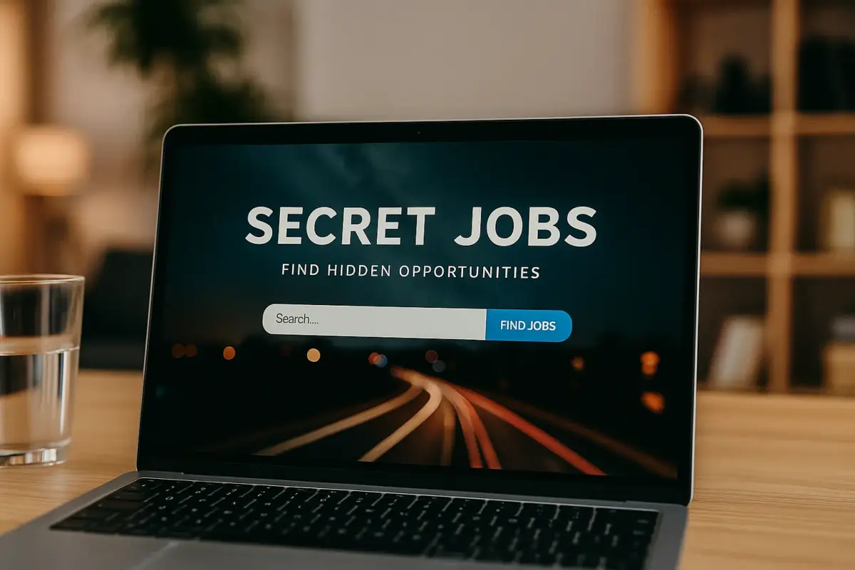 Secret Jobs wird auf einem Laptop angezeigt. Es ist die eigene Jobbörse der Alibiagentur.