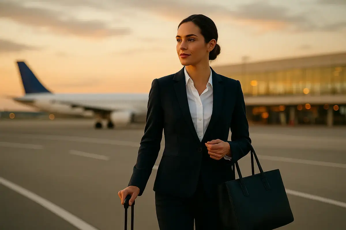 Business-Reisende mit Koffer in moderner Flughafen-Lounge, schaut aus dem Fenster auf startende Flugzeuge – Symbol für Mobilität und Professionalität.