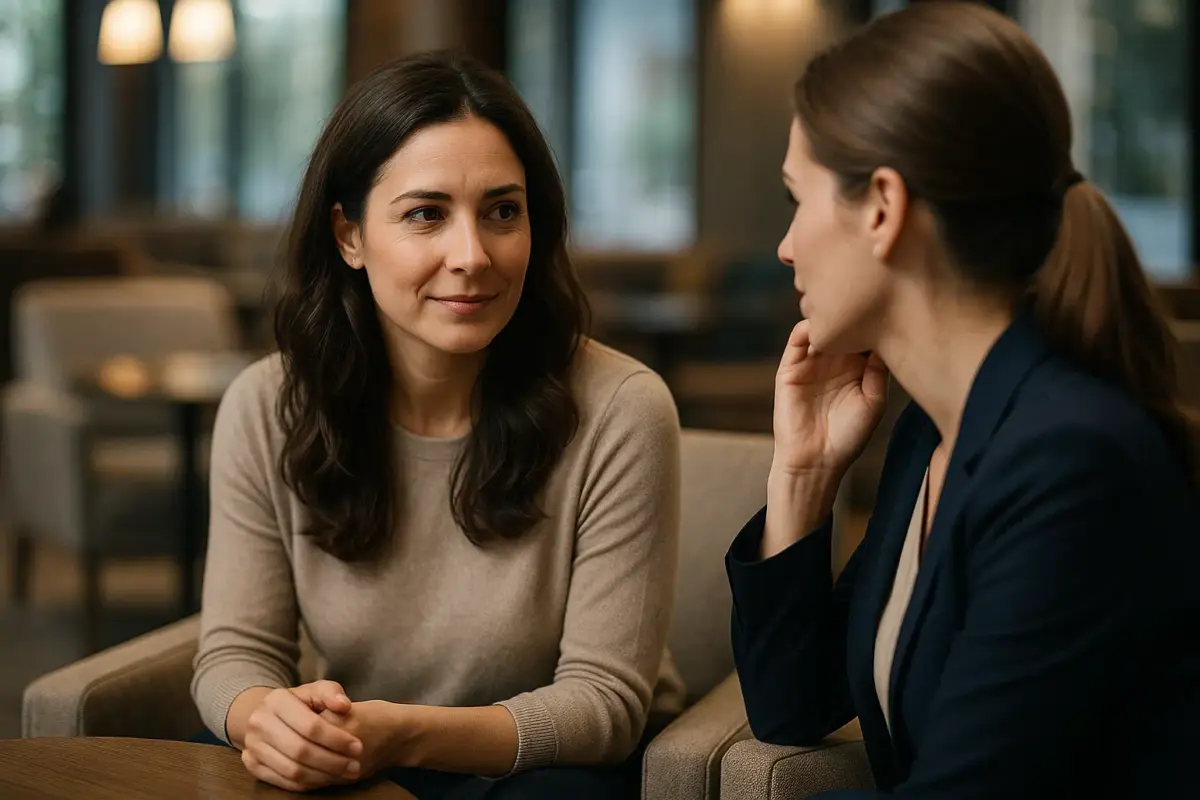 Zwei Menschen sitzen in einer modernen Lounge und führen ein leises, vertrauliches Gespräch – Symbol für Vertrauen, Nähe und Verständnis.