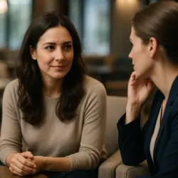Zwei Menschen sitzen in einer modernen Lounge und führen ein leises, vertrauliches Gespräch – Symbol für Vertrauen, Nähe und Verständnis.