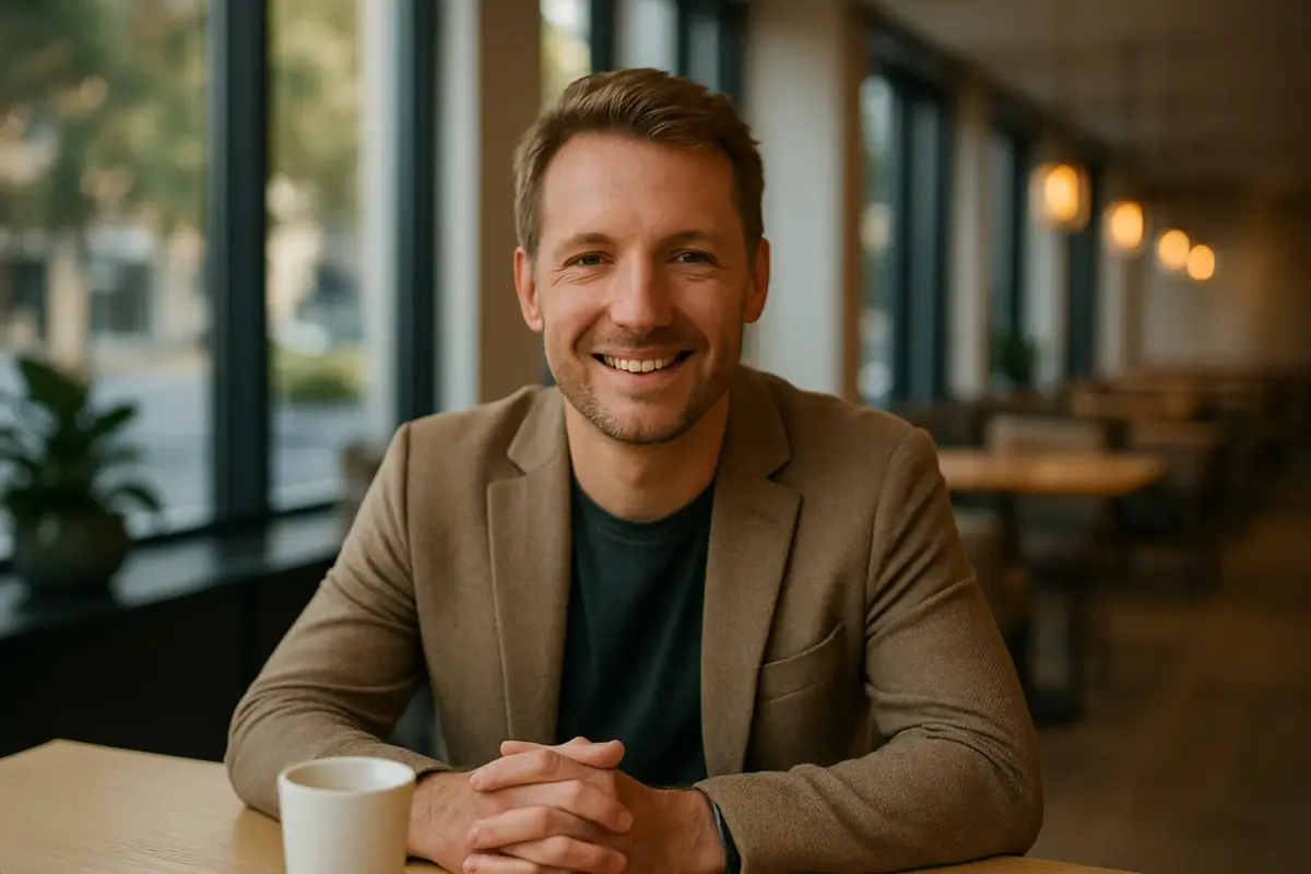 Ein sympathischer Mann sitzt entspannt in einem hellen Café und lächelt vertrauensvoll – Symbol für Ruhe, Sicherheit und positive Antworten auf Fragen der Alibi Service FAQ.