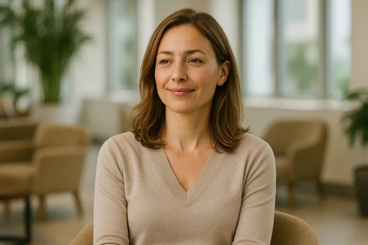 Eine entspannte Frau in Business-Casual Kleidung sitzt in einer hellen Lounge und lächelt gelassen – Symbol für professioneller Alibi Service und Vertrauen, Sicherheit und Ruhe.