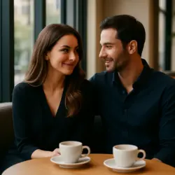 Ein Paar sitzt entspannt in einem modernen Café, lächelt sich an und strahlt Vertrauen, Harmonie und Geborgenheit aus – Symbol für Schutz von Liebe, Vertrauen und Freiräumen.