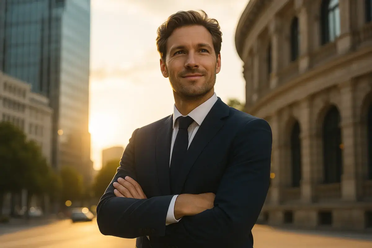Selbstbewusster Mann im Anzug in moderner Stadtumgebung – Symbol für Professionalität, Vertrauen und Seriosität einer Alibiagentur.