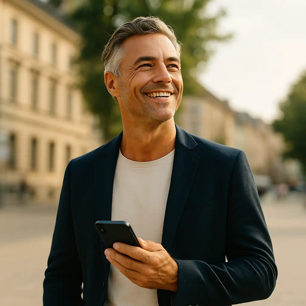 Selbstbewusster Mann in moderner Stadtumgebung – Symbol für Professionalität, Vertrauen und Stärke einer Alibiagentur.