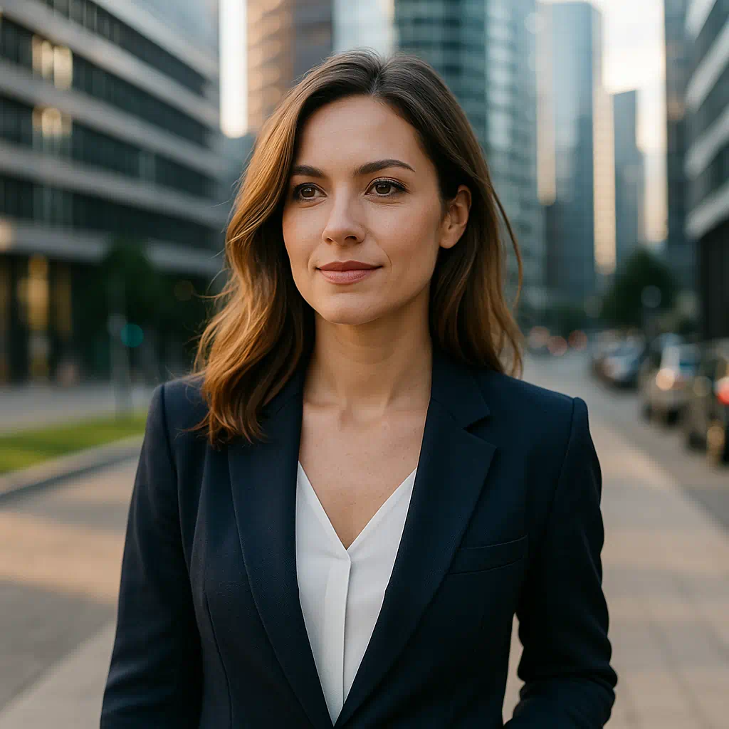 Elegante Frau in moderner Stadtumgebung – Symbol für Vertrauen, Stärke und Professionalität einer Alibiagentur.