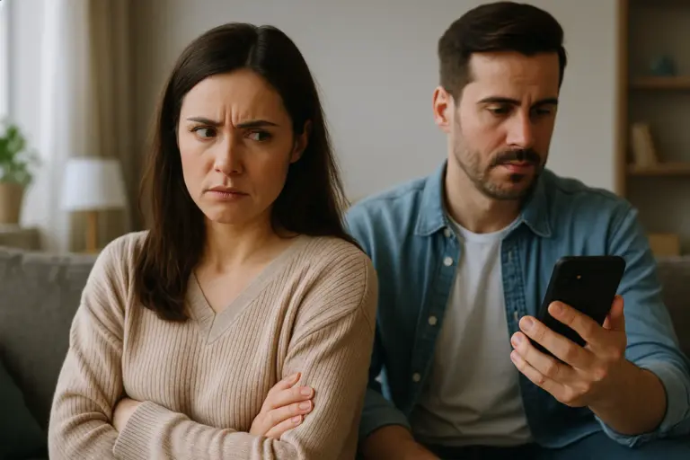 Frau wirkt misstrauisch, während ihr Partner auf das Handy schaut – Symbol für Misstrauen in der Beziehung.