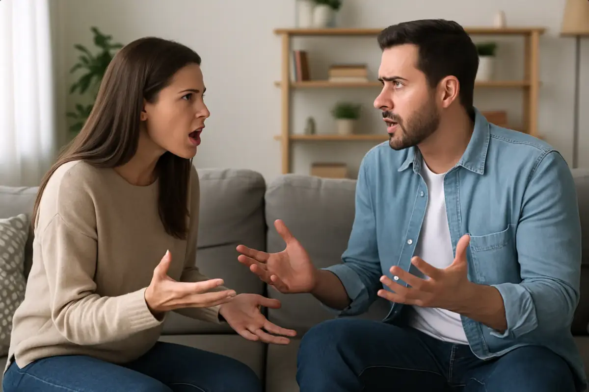 Paar in hitziger Diskussion im Wohnzimmer – Symbol für Misstrauen in der Beziehung und belastende Konflikte.