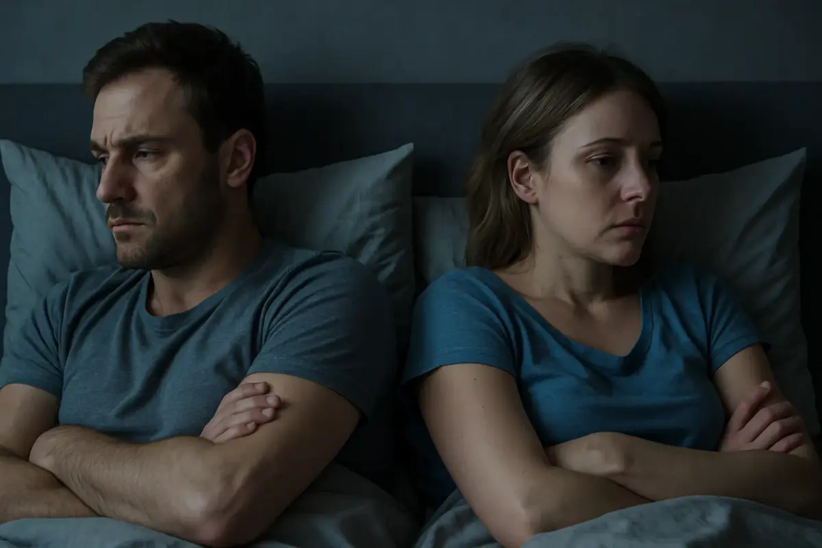 Paar liegt im Bett Rücken an Rücken, beide wirken nachdenklich und distanziert – Symbol für Misstrauen und fehlende Nähe.