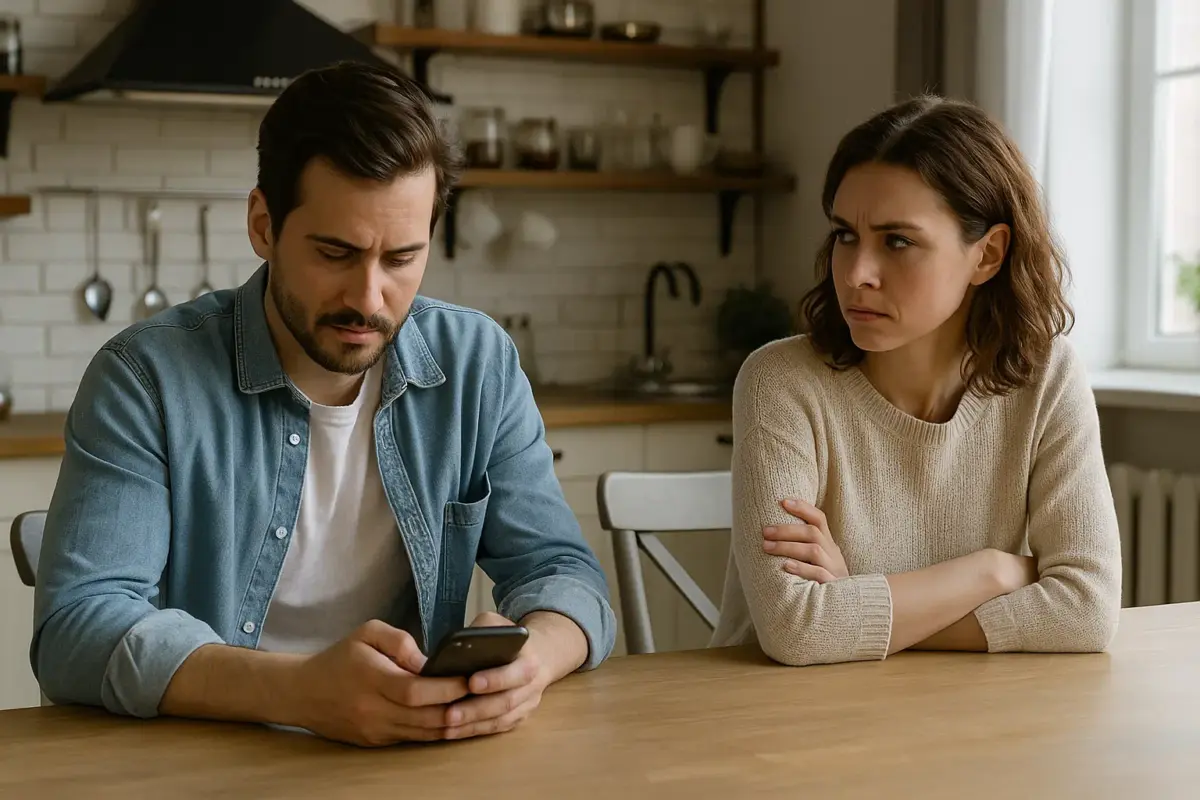 Paar sitzt am Küchentisch, er schaut auf sein Handy, sie schaut misstrauisch zu ihm – Symbol für Misstrauen und Anspannung in der Beziehung.