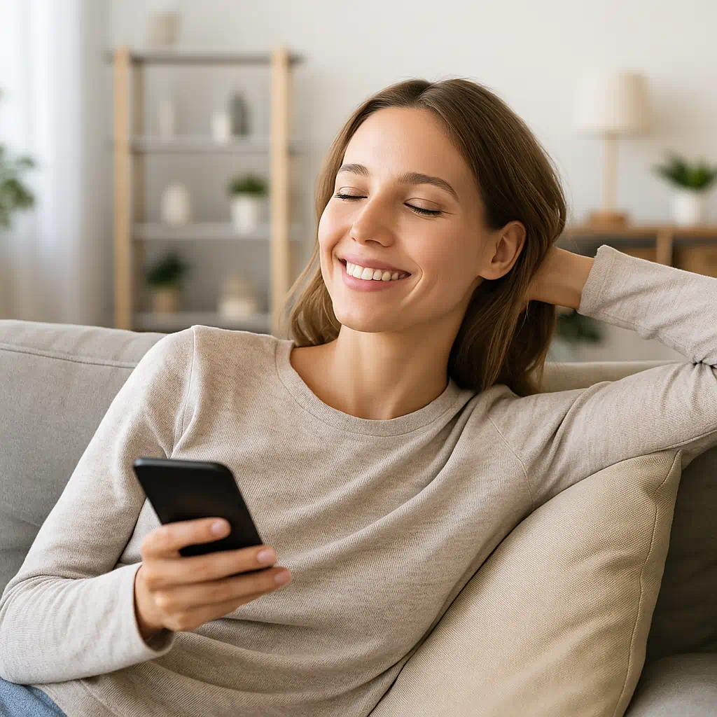 Frau legt ihr Handy beruhigt zur Seite – Symbol für geschützte Privatsphäre in der Beziehung.