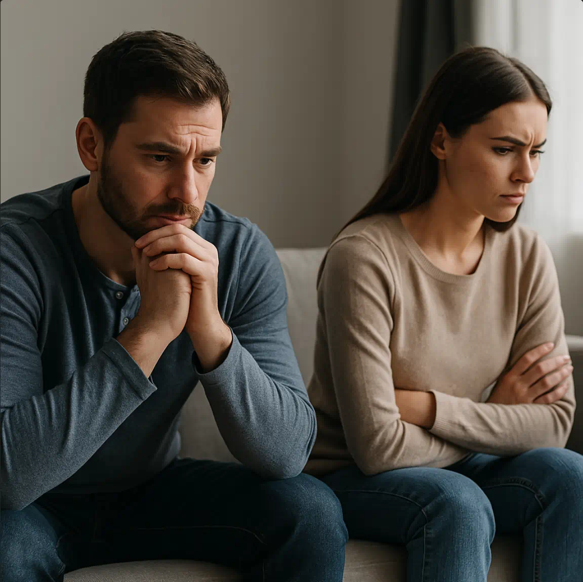 Frau und Mann sitzen nebeneinander auf dem Sofa, beide wenden sich ab – Symbol für Distanz durch Misstrauen.