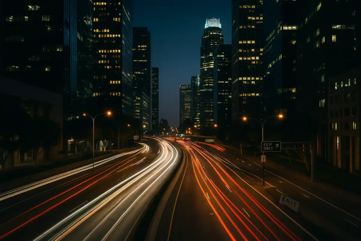 Nachtaufnahme einer modernen Stadtstraße mit verzweigten Wegen und Lichtspuren von Autos – Symbol für verschiedene Lebenswege und klare Entscheidungen.