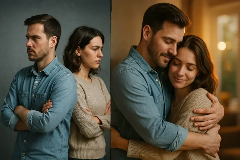Paar im Streit und anschließend in Umarmung – Symbol für Ehe retten nach Vertrauensbruch.