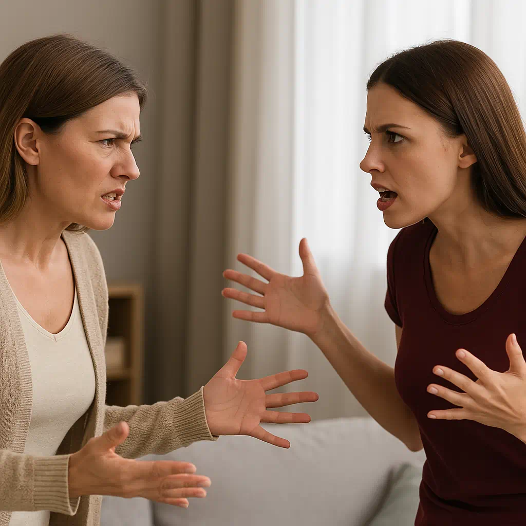 Zwei Frauen stehen sich in einer Wohnung angespannt gegenüber – Symbolbild für Eifersucht, Konfrontation und Rivalität in einer Beziehung.