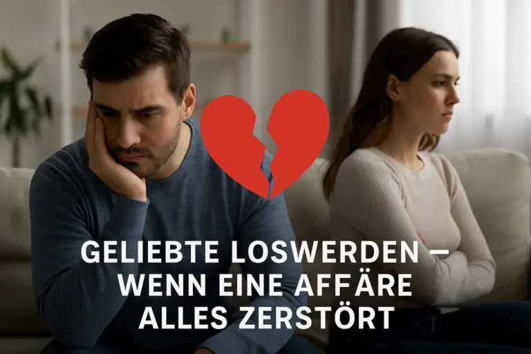 Paar sitzt distanziert im Wohnzimmer nach einer Affäre – Symbolbild für Schmerz, Trennung und den Wunsch, die Geliebte loszuwerden.