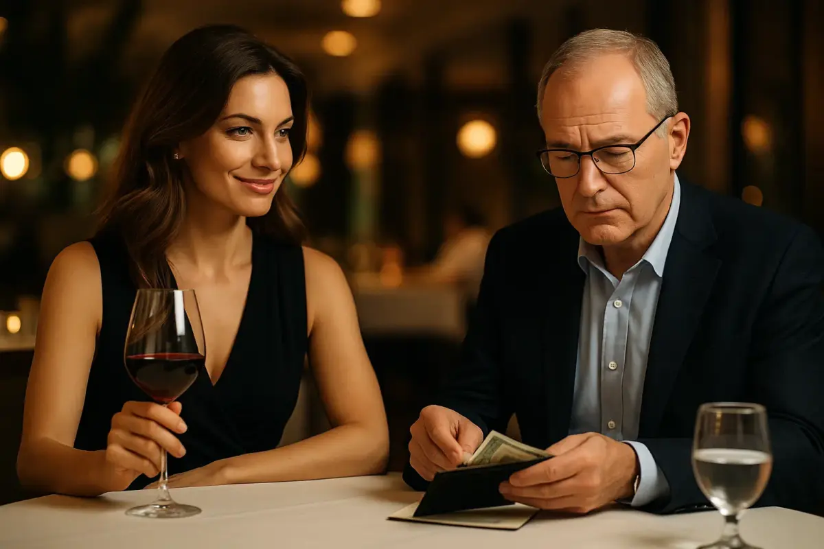 Elegant gekleidete Frau verführt älteren Mann in edlem Restaurant – Symbolbild für Liebesbetrug und emotionale Manipulation.